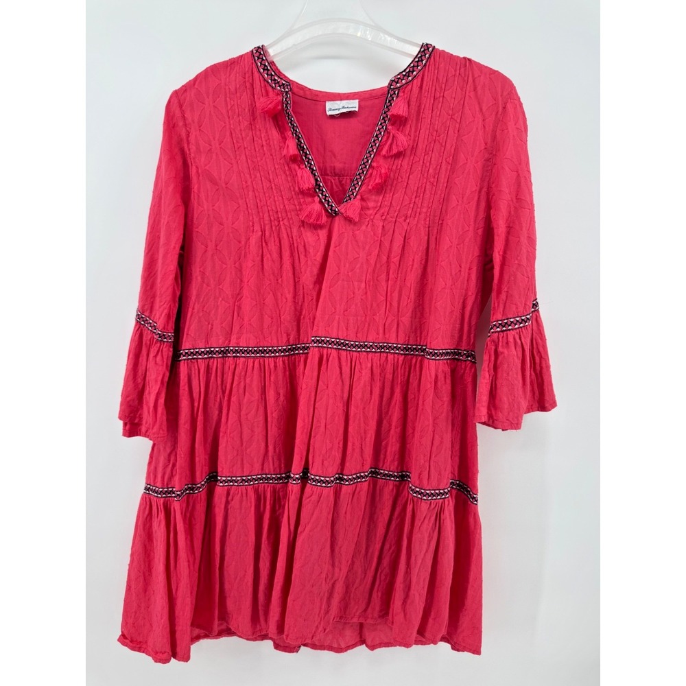 Tommy Bahama XL Coral Pink Tassel Tunic Dress swim Cover Up Boho Tiered Beach